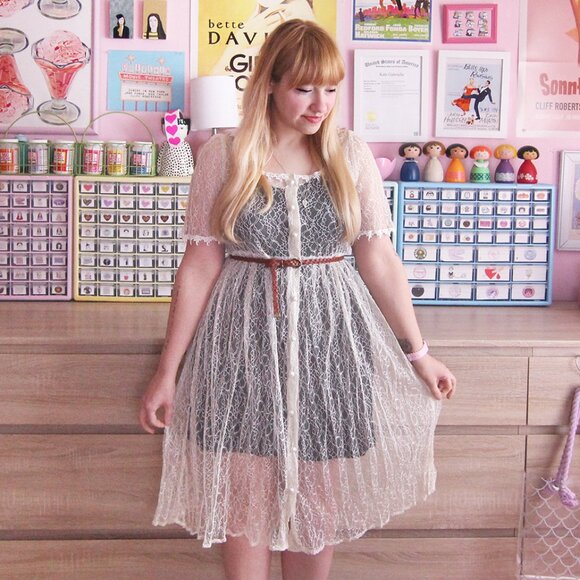 Ivory lace sheer button-up midi dress - fits like a Medium/Large - Picture 2 of 4